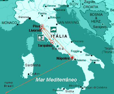 mapa da viagem: trecho Livorno - Tarquínia - Pisa - Nápoles